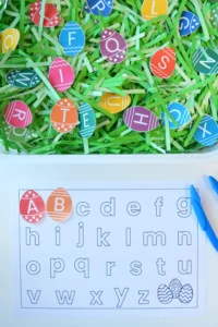 Easter egg alphabet sensory bin letter match